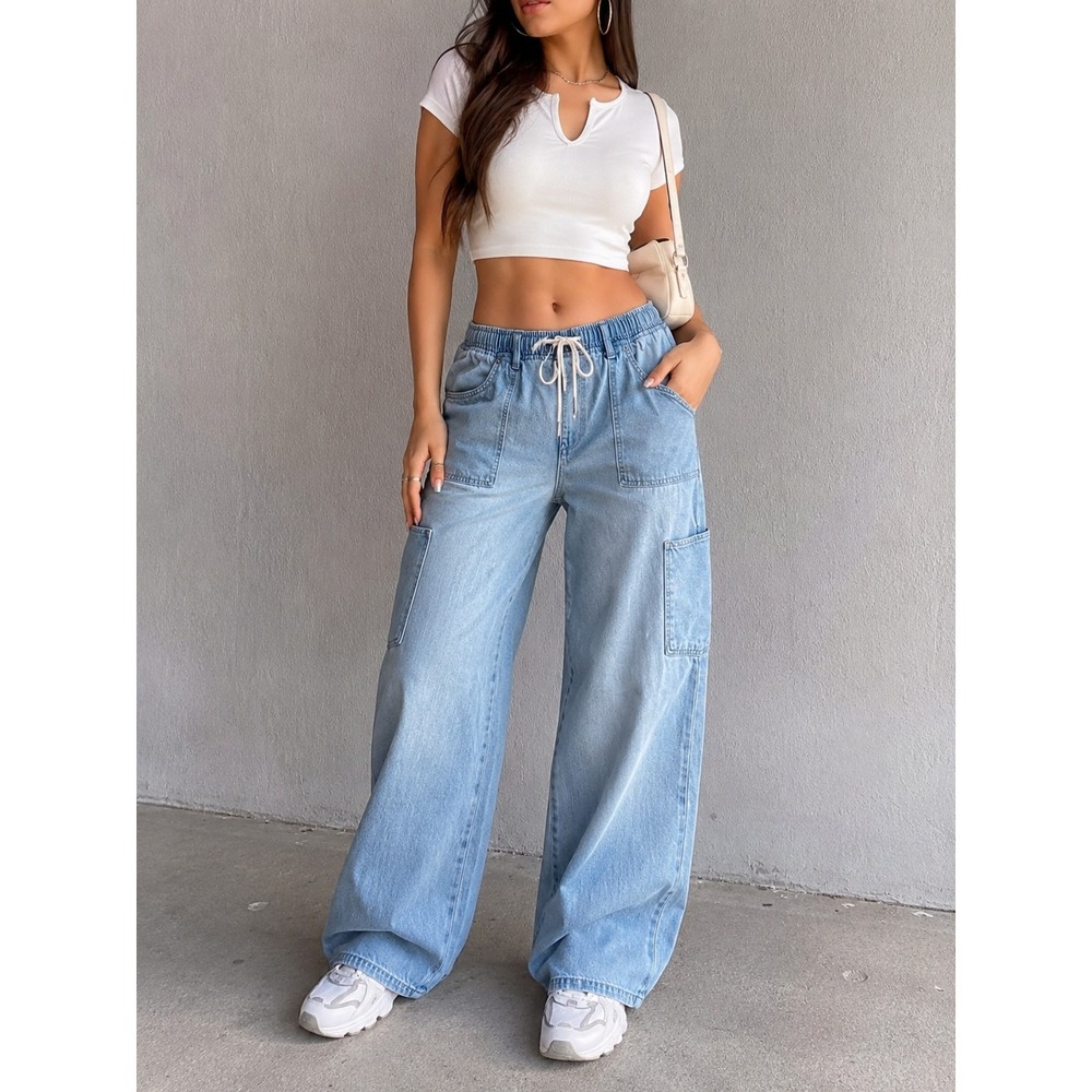 Madden NYC Wide Leg Cargo Jeans Womens L Light Wash Baggy Y2K Utility Pants